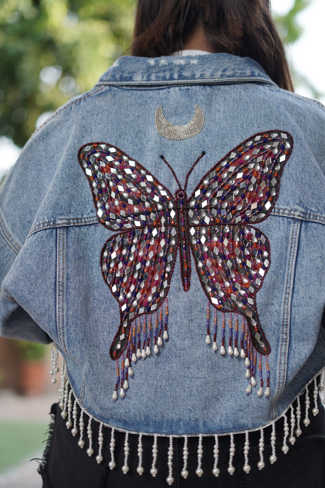 Celestial Butterfly Pearl Fringe Denim Jacket Main image