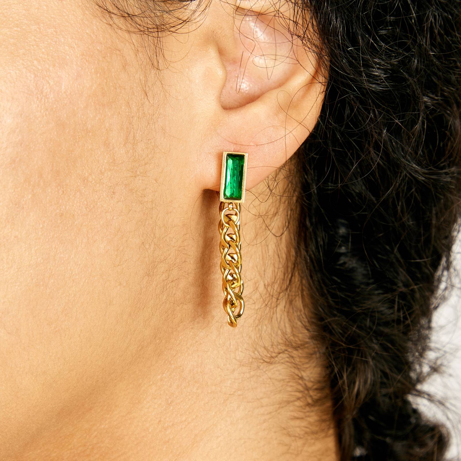 Emerald Chain Drop Earrings – 18K Gold Plated Secondary image