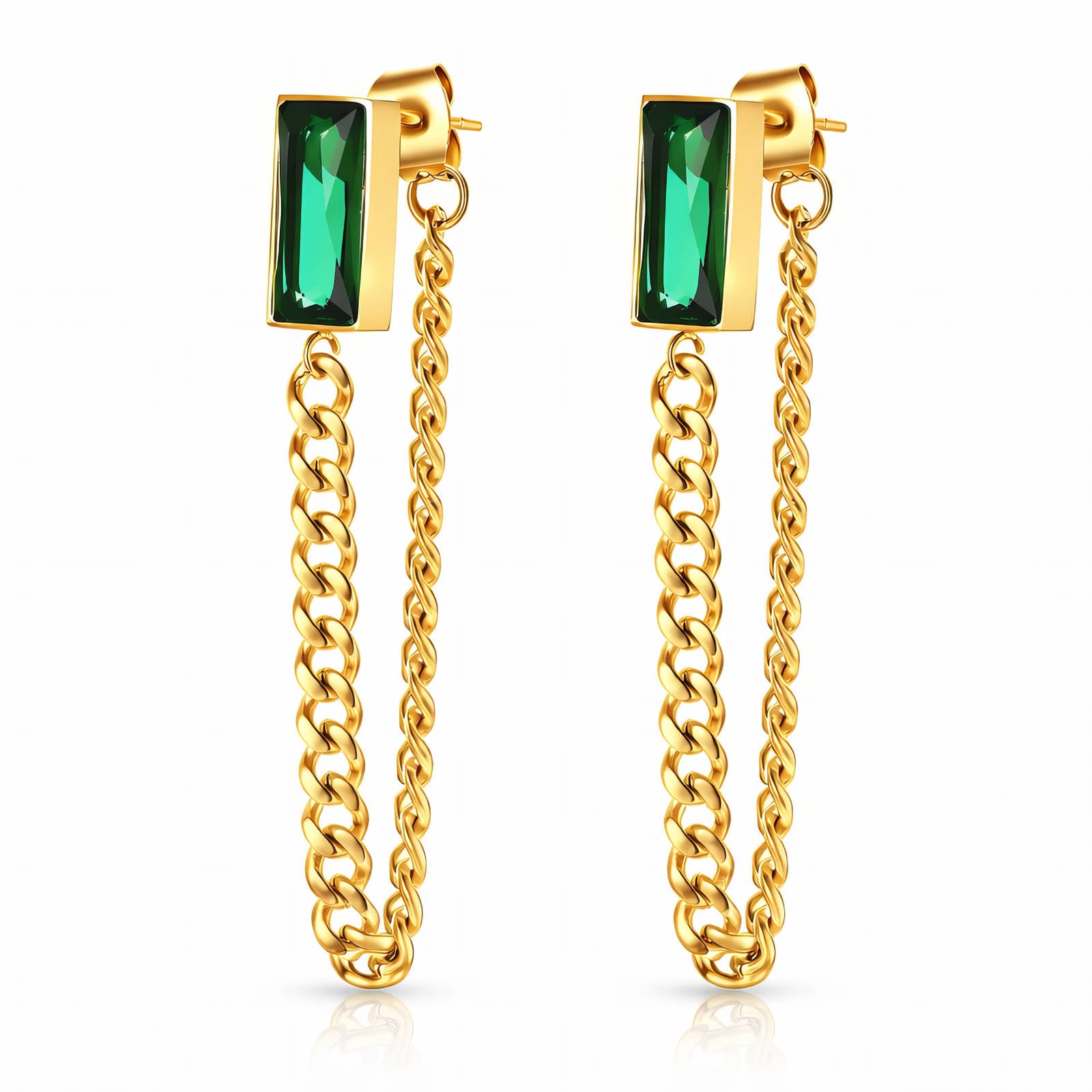Emerald Chain Drop Earrings – 18K Gold Plated