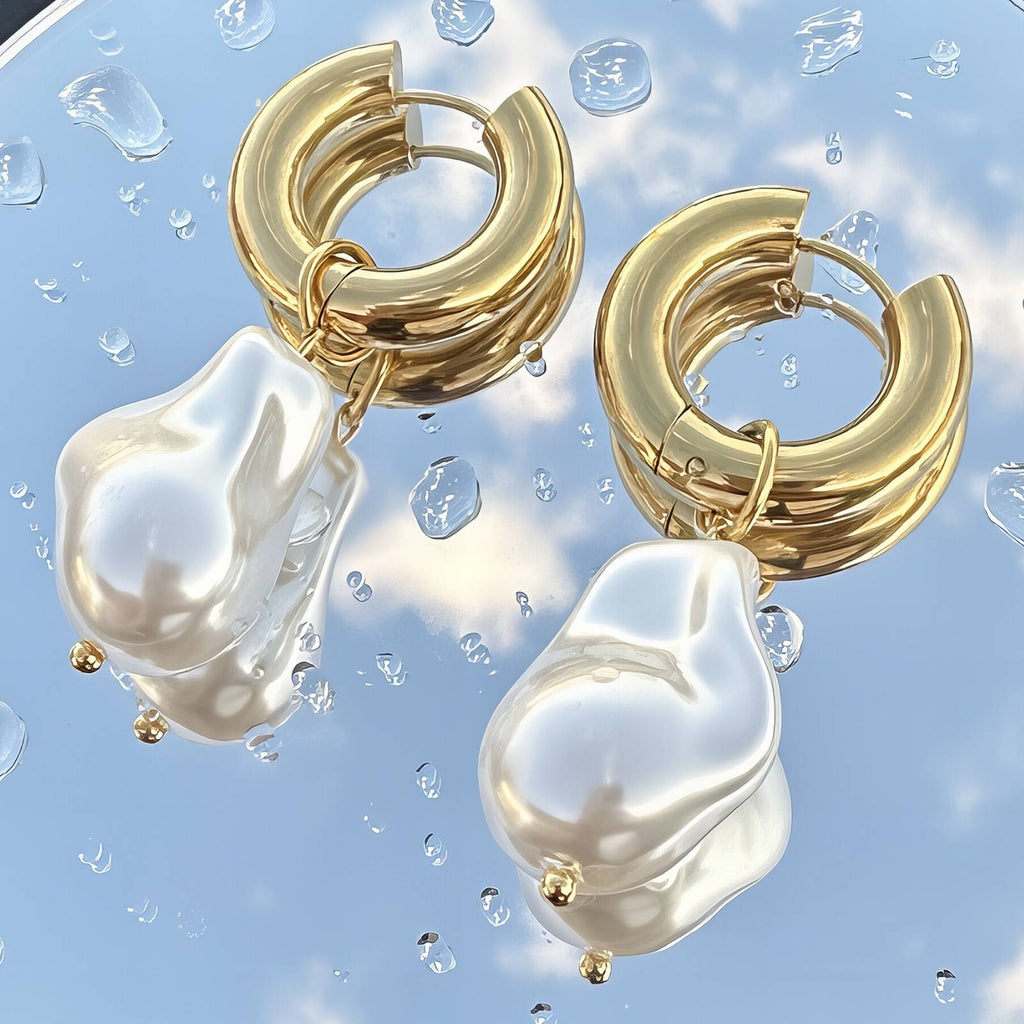 Gold Pearl Drop Hoop Earrings – 18K Gold Plated