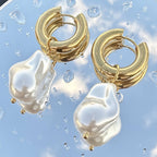 Gold Pearl Drop Hoop Earrings – 18K Gold Plated