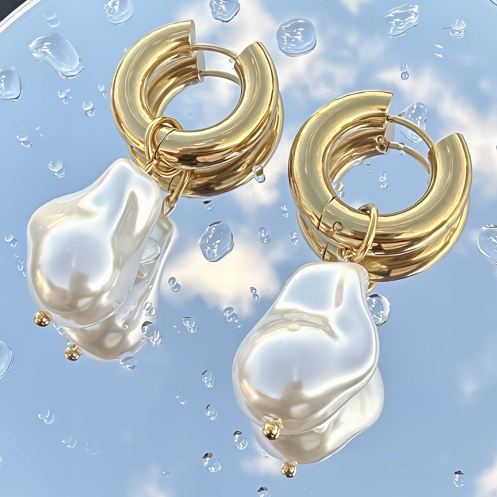 Gold Pearl Drop Hoop Earrings – 18K Gold Plated