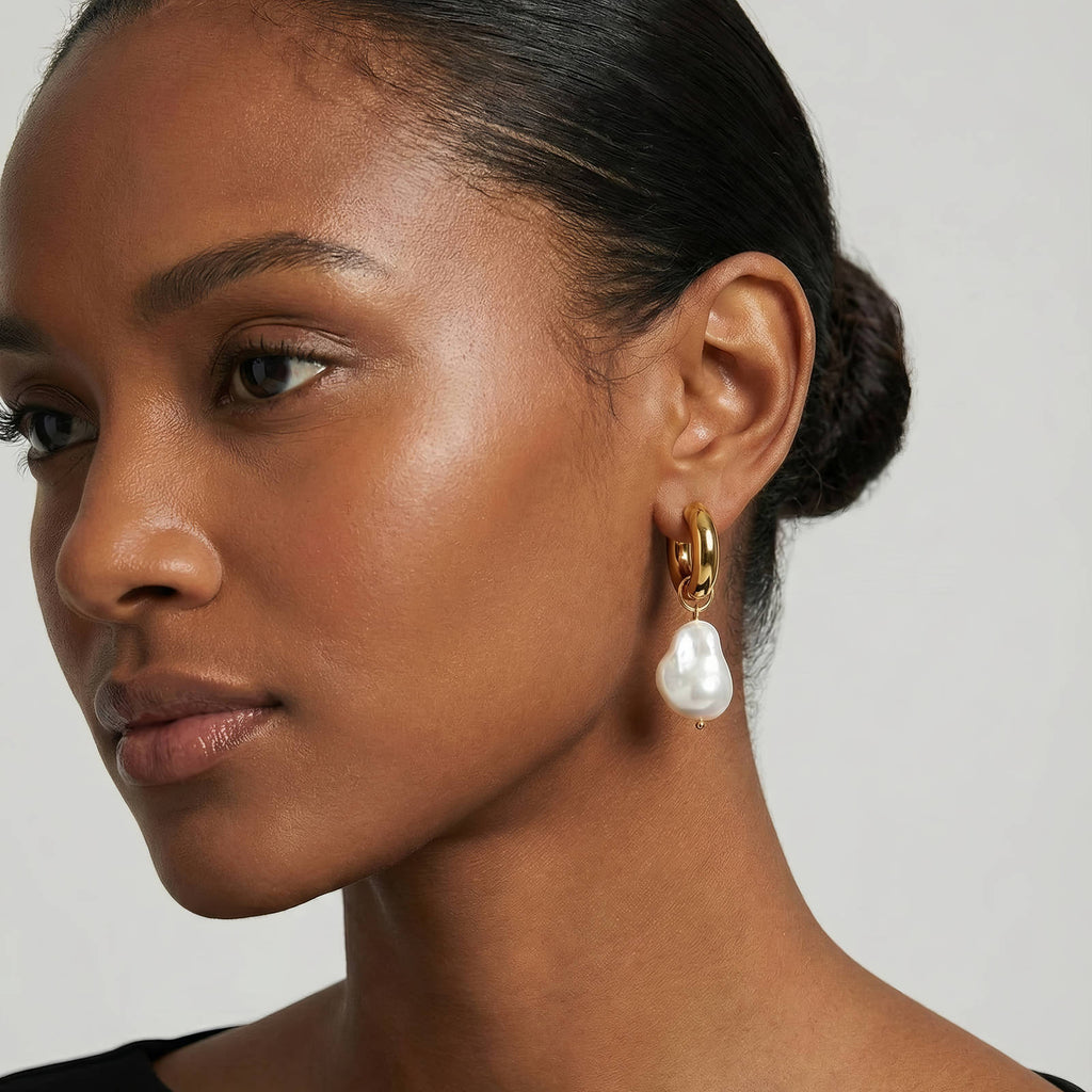 Gold Pearl Drop Hoop Earrings – 18K Gold Plated