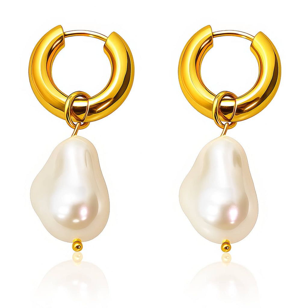 Gold Pearl Drop Hoop Earrings – 18K Gold Plated