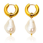 Gold Pearl Drop Hoop Earrings – 18K Gold Plated